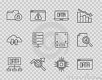 Set line Data analysis, Search data, Folder and lock, Server, Processor CPU and Document with graph chart icon. Vector Stock Photo