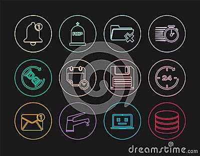 Set line Database, Clock 24 hours, Delete folder, Calendar and clock, Waiting, Bell, Floppy disk and Tombstone with RIP Vector Illustration