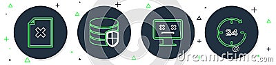 Set line Database protection, Dead monitor, Delete file document and Clock 24 hours icon. Vector Vector Illustration