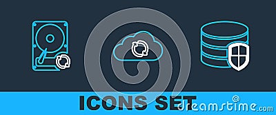 Set line Database protection, Hard disk drive HDD sync refresh and Cloud icon. Vector Stock Photo