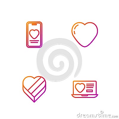 Set line Dating app online, Candy heart shaped box, Online dating chat and Heart. Gradient color icons. Vector Vector Illustration