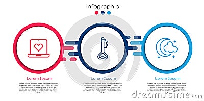 Set line Dating app online, Key heart shape and Moon and stars. Business infographic template. Vector Vector Illustration