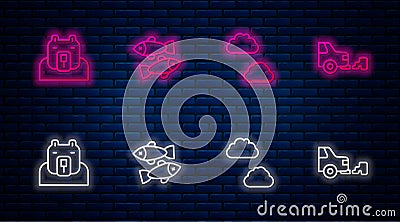 Set line Dead fish, Cloud, Polar bear head and Car exhaust. Glowing neon icon on brick wall. Vector Vector Illustration
