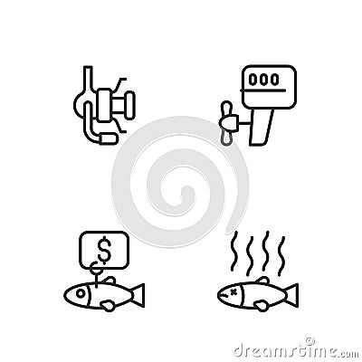 Set line Dead fish, Price tag for, Spinning reel fishing and Outboard boat motor icon. Vector Vector Illustration