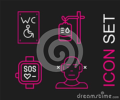 Set line Deaf, Smart watch, IV bag and Separated toilet for disabled icon. Vector Vector Illustration