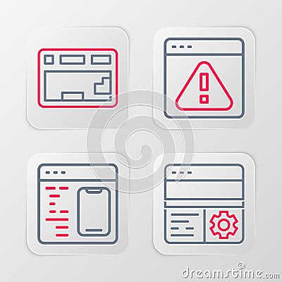 Set line Debugging, Software, Browser with exclamation mark and Keyboard icon. Vector Vector Illustration
