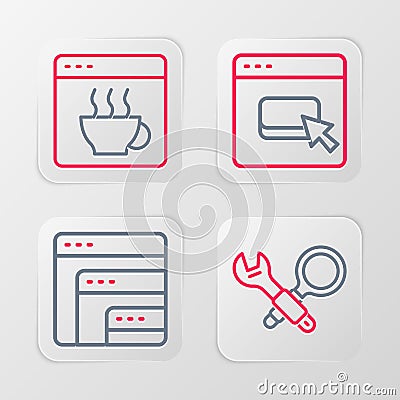 Set line Debugging, Software, Browser files and icon. Vector Stock Photo