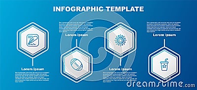 Set line Declaration of independence, American Football ball, Firework and Paper glass with straw. Business infographic Vector Illustration