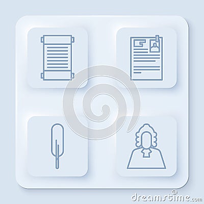 Set line Decree, paper, parchment, scroll, Lawsuit paper, Feather pen and Judge. White square button. Vector Vector Illustration