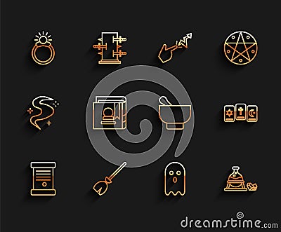 Set line Decree, paper, parchment, scroll, Witches broom, Magic stone ring with gem, Ghost, cauldron and magic, Ancient Vector Illustration