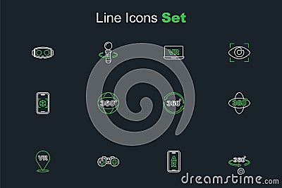 Set line 360 degree view, Augmented reality AR, Gamepad, Virtual, and 3d modeling icon. Vector Stock Photo