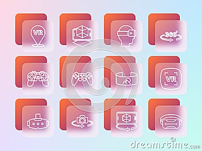 Set line 360 degree view, 3d modeling, Gamepad, Virtual reality glasses, and icon. Vector Stock Photo