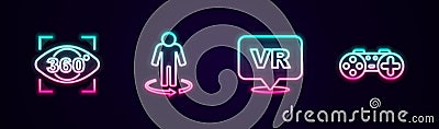 Set line 360 degree view, 3d modeling, Virtual reality and Gamepad. Glowing neon icon. Vector Vector Illustration