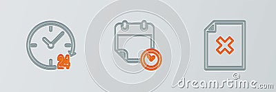Set line Delete file document, Clock 24 hours and Calendar and clock icon. Vector Vector Illustration