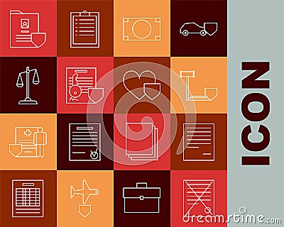 Set line Delete file document, Document, Judge gavel with shield, Stacks paper money cash, key, Scales of justice, and Vector Illustration