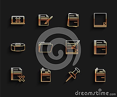 Set line Delete file document, File and binder clip, Laptop cross mark on screen, Push pin, paper, Document folder, and Vector Illustration