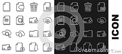 Set line Delete file document, folder, Add cloud, Trash can, Document with search, and and check mark icon. Vector Stock Photo