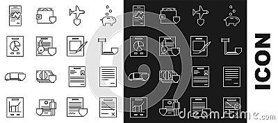 Set line Delete file document, Document, Judge gavel with shield, Plane, key, graph chart, Torn contract and Blank Vector Illustration