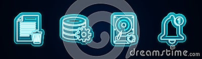 Set line Delete file document, Setting database server, Hard disk drive HDD sync refresh and Bell. Glowing neon icon Vector Illustration