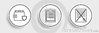 Set line Delete file document, Wallet and money with shield and Clipboard checklist icon. Vector Vector Illustration
