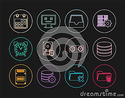 Set line Delete folder, Database, Social media inbox, Hard disk drive HDD protection, Alarm clock, Calendar, Stereo Vector Illustration