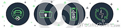 Set line Delete folder, Flight mode in the mobile, Car sharing and Recharging icon. Vector Vector Illustration