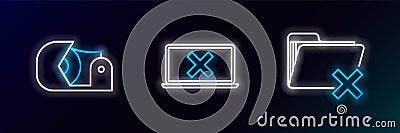 Set line Delete folder, Scotch and Laptop and cross mark on screen icon. Glowing neon. Vector Stock Photo