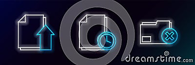Set line Delete folder, Upload file document and Document with clock icon. Glowing neon. Vector Stock Photo