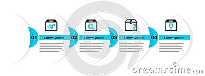 Set line Delivery box with fragile content, Search package and Plane and cardboard icon. Vector Stock Photo