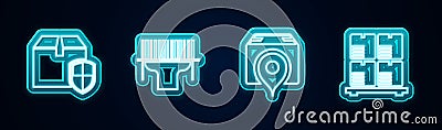 Set line Delivery box security shield, Scanner scanning bar code, Location with cardboard and Cardboard boxes pallet Vector Illustration