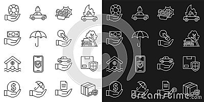 Set line Delivery security with shield, Car damaged by fallen tree, accident, Umbrella, Money, Lifebuoy in hand and Vector Illustration