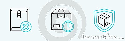 Set line Delivery security with shield, Delete envelope and Cardboard box clock icon. Vector Stock Photo