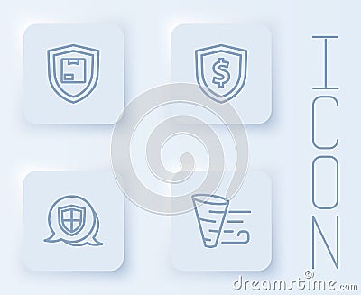 Set line Delivery security with shield, Shield dollar, and Tornado. White square button. Vector Vector Illustration