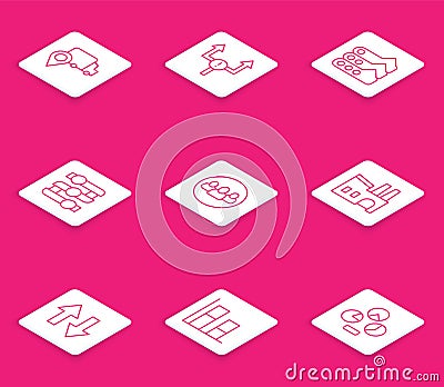 Set line Delivery tracking, Arrow, Graph, chart, diagram, Project team base, Factory, and icon. Vector Vector Illustration