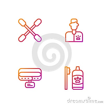 Set line Dental hygiene for pets, Collar with name tag, Cotton swab ears and Veterinarian doctor. Gradient color icons Stock Photo