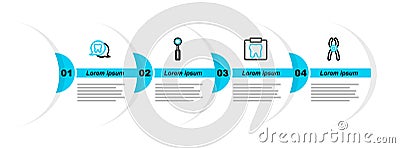 Set line Dental pliers, X-ray of tooth, inspection mirror and Tooth icon. Vector Vector Illustration