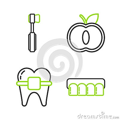 Set line Dentures model, Teeth with braces, Apple and Toothbrush icon. Vector Vector Illustration