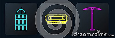 Set line Detonate dynamite bomb stick, Pickaxe and Harmonica. Black square button. Vector Vector Illustration