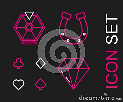 Set line Diamond, Playing cards, Horseshoe and Lucky wheel icon. Vector Vector Illustration