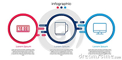 Set line Digital alarm clock, Coffee cup and Computer monitor screen. Business infographic template. Vector Vector Illustration