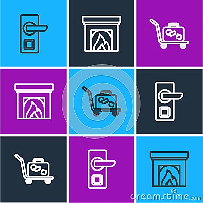 Set line Digital door lock, Trolley suitcase and Interior fireplace icon. Vector Stock Photo