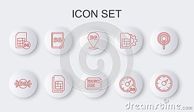 Set line Digital speed meter 5G, network, Location, Sim Card, Graphic tablet with, card and Nano icon. Vector Vector Illustration
