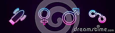 Set line Dildo vibrator for sex games, Female gender symbol, Male and Sexy fluffy handcuffs. Glowing neon icon. Vector Vector Illustration