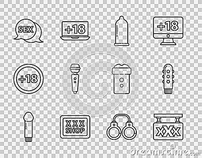 Set line Dildo vibrator, Sex shop, Condom, Speech bubble with, Sexy fluffy handcuffs and icon. Vector Vector Illustration