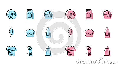 Set line Dirty t-shirt, Yarn, Washer, Bottle for cleaning agent, Basin with soap suds, Feather and Laundry detergent Vector Illustration