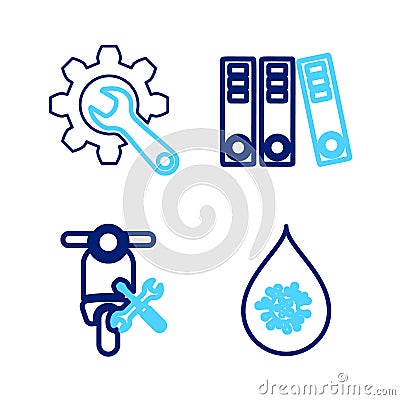 Set line Dirty water drop, Scooter service, Office folders and Wrench and gear icon. Vector Vector Illustration