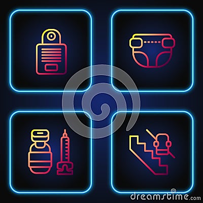 Set line Disabled elevator, Syringe, Intercom and Adult diaper. Gradient color icons. Vector Stock Photo