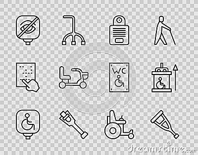 Set line Disabled wheelchair, Crutch or crutches, Intercom, Prosthesis leg, Blindness, Electric, and Elevator for Vector Illustration