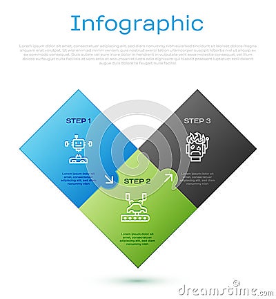 Set line Disassembled robot, Robot burned out and Robotic arm on factory. Business infographic template. Vector Vector Illustration