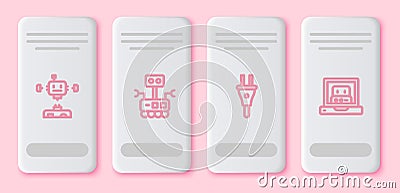 Set line Disassembled robot, Robot, Electric plug and Creating. White rectangle button. Vector Vector Illustration